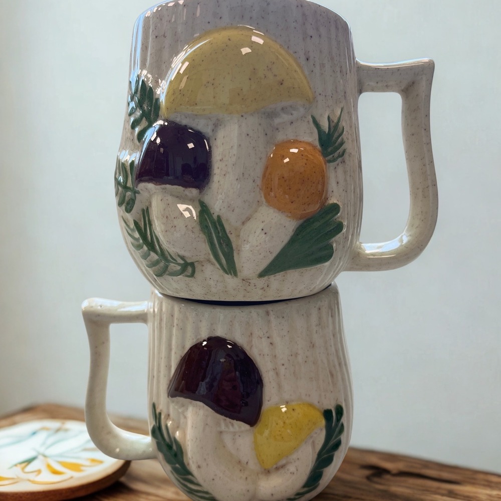 Vintage 1979 Mushroom Ceramic Mugs Set of 5 Hand Painted 3D Speckled Cottagecore